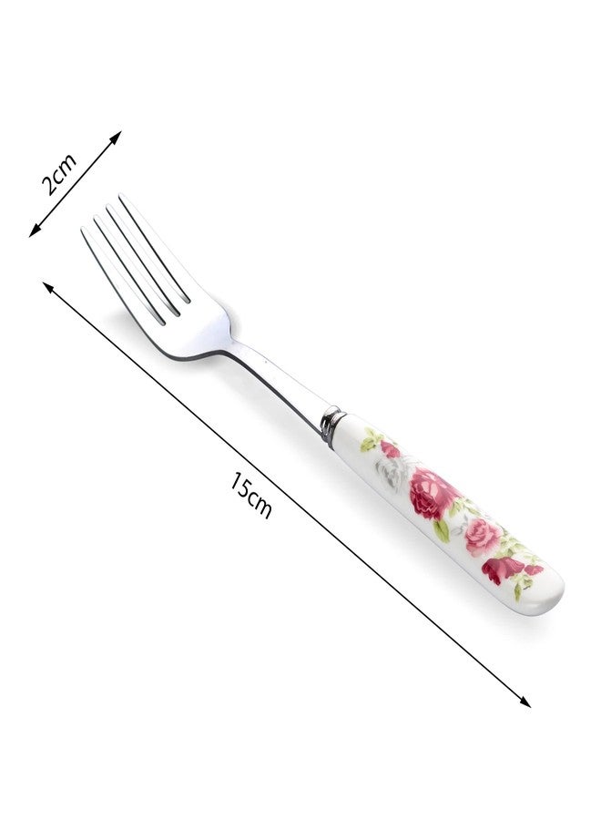 MGeezz Floral Stainless Steel Fork Set for Home Kitchen & Restaurant Cutlery Dinner Table Bouillon Spoon with Ceramic Handle Tableware Noodles Fork for Serving Salad Fruit Fork (Small Fork Set of 12) - Image 2